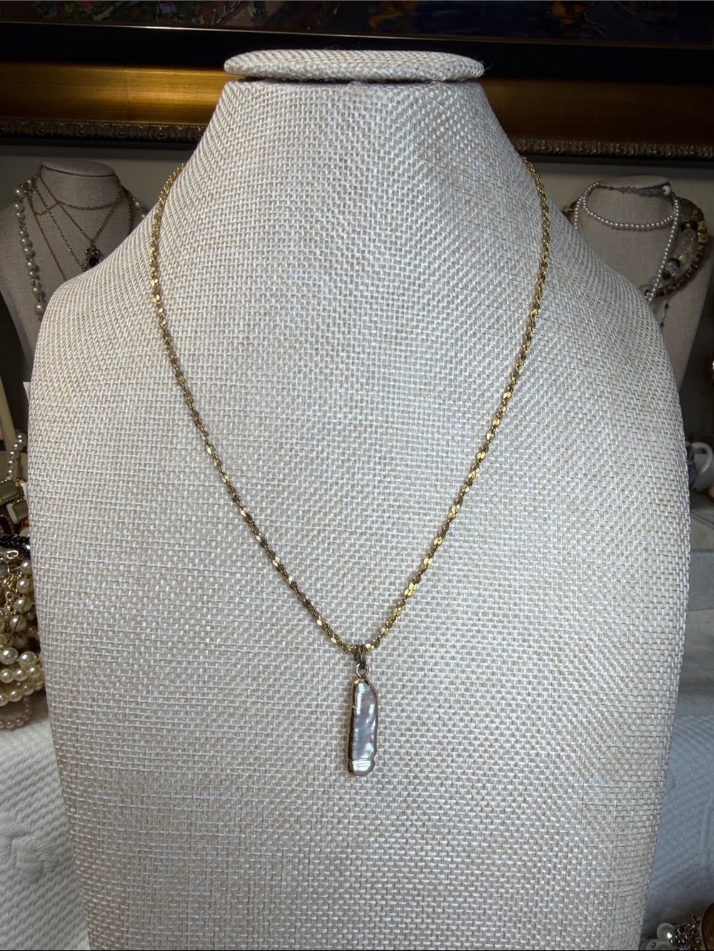 Gold Chain Necklace with Bar Pearl Pendant